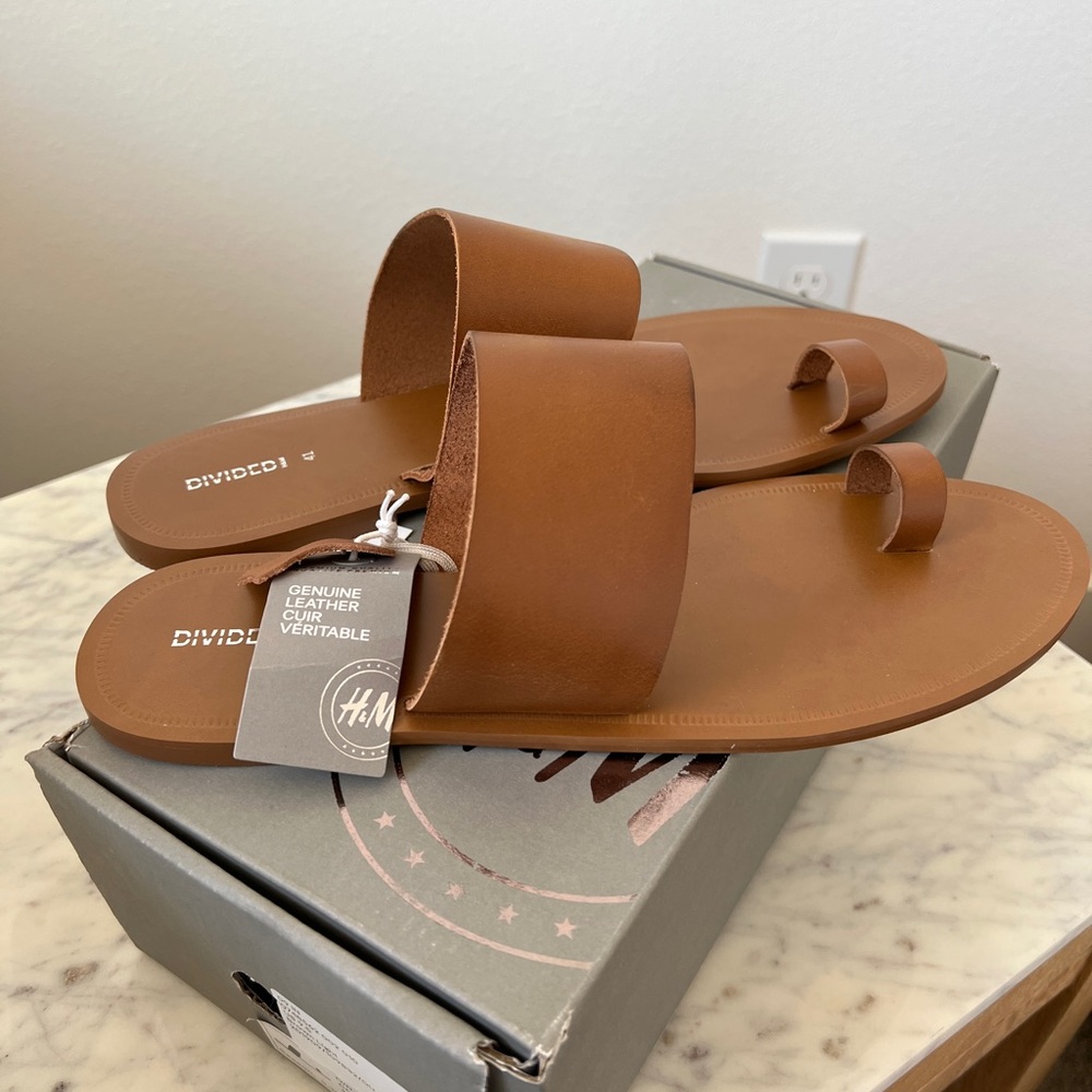 H&M Women’s Premium 100% Leather Tan Slide Sandals Size 9.5 New In Box